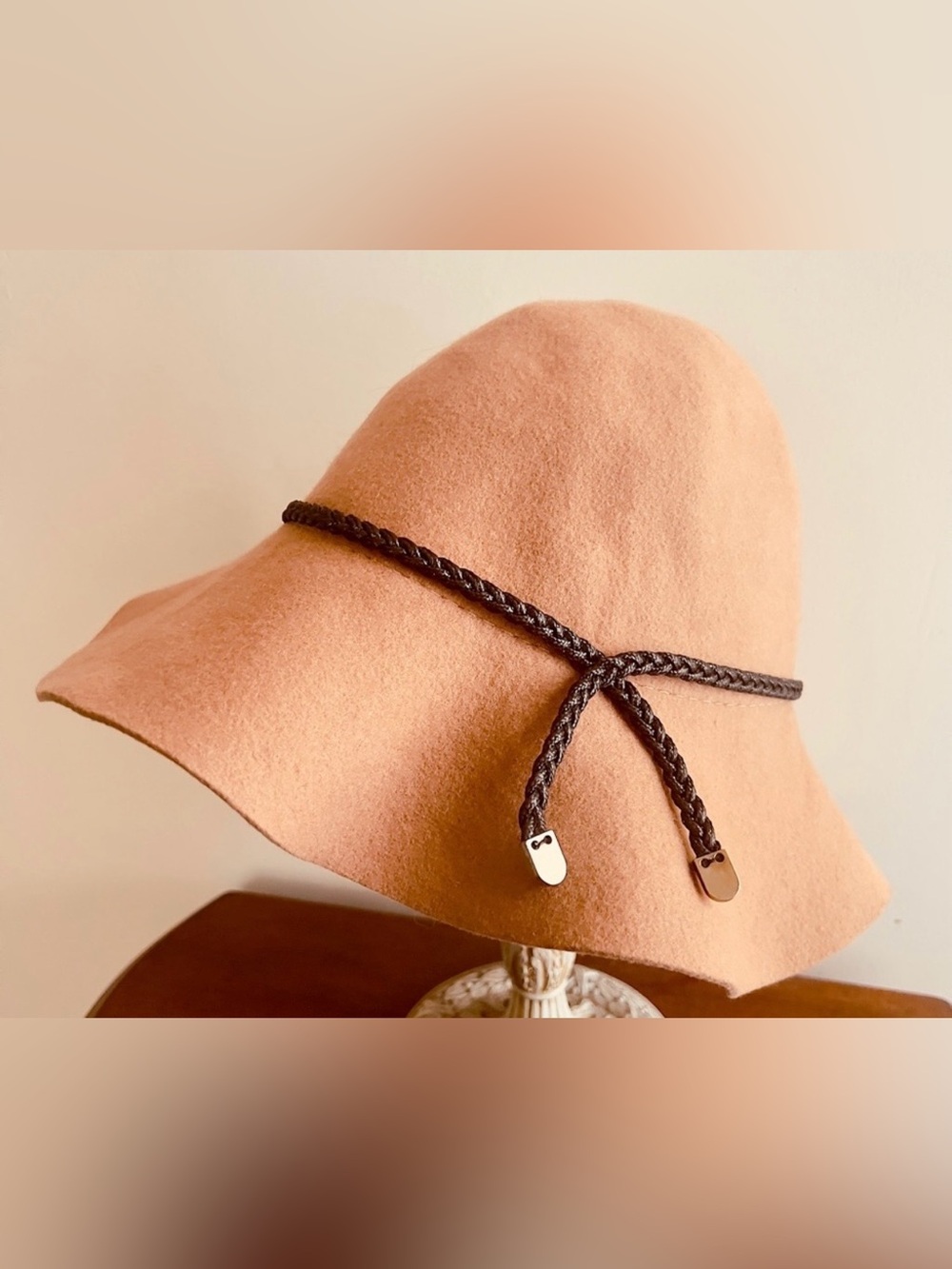 CC Wool Cloche Hat Braided Band Tan Adjustable